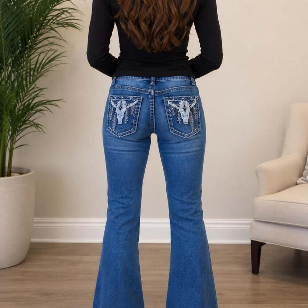 Legend Rhinestone Steer Skull Flare Jeans
